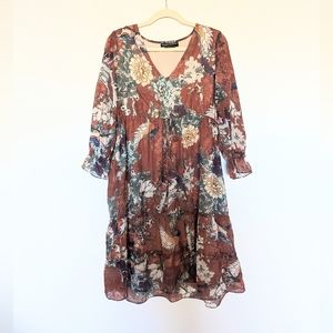 Anthropologie Hemant and Nandita Brown Boho Floral Midi Dress size 4